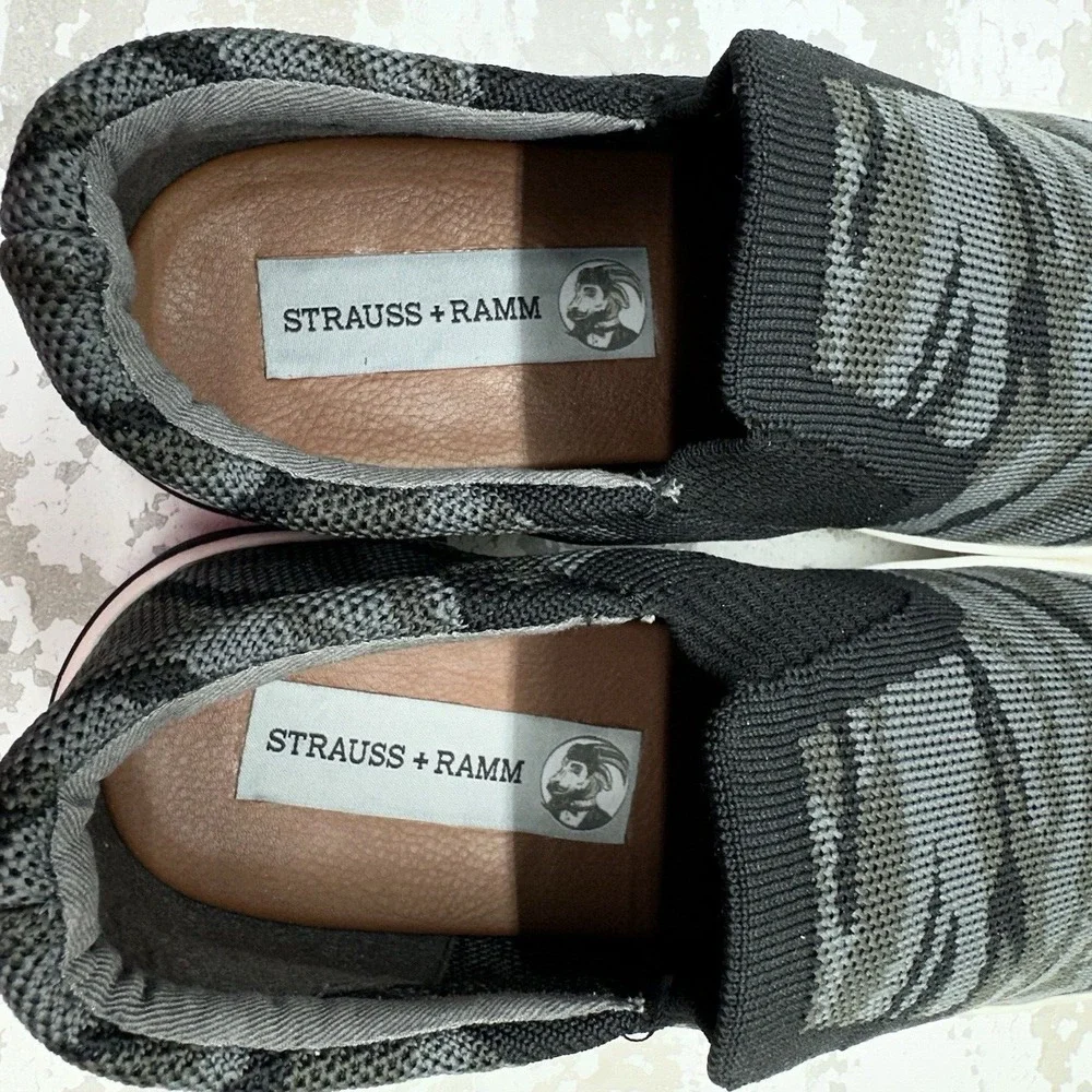 Strauss + Ramm Slip On Knit Sneakers Mens 10M Gray Black Camo Round Toe Casual‎